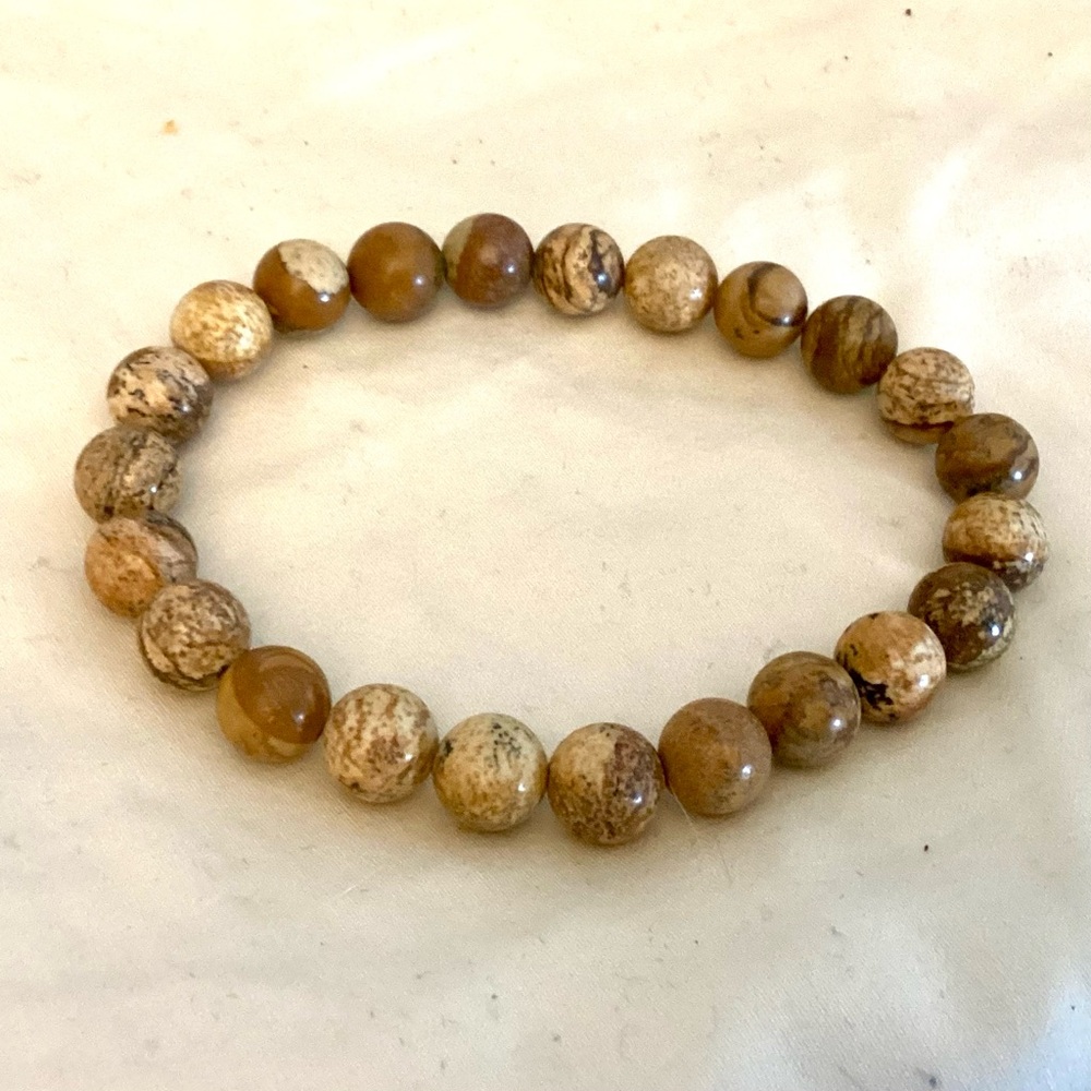 Genuine Stone Picture Agate Elastic Bracelet Natural Gray Gold Beige